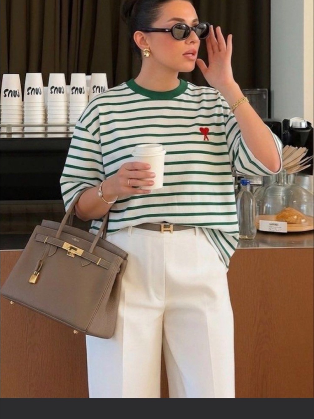 Ami Alexandre Mattiussi Green and White Striped Tee with Chest Tag